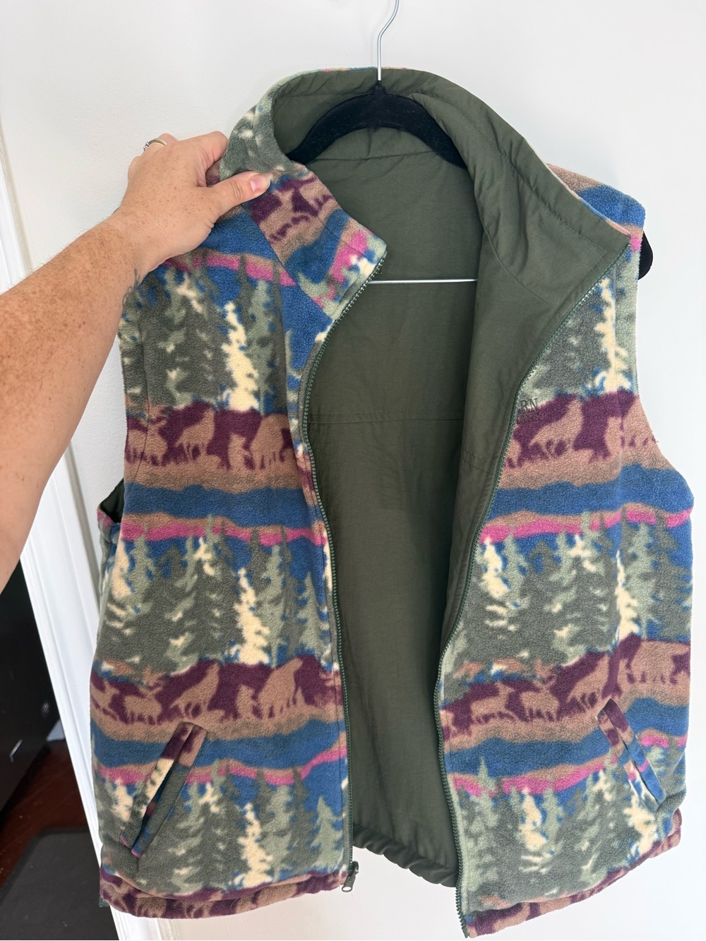 Northern Reflections Olive Reversible Vest with Multicolor Fleece